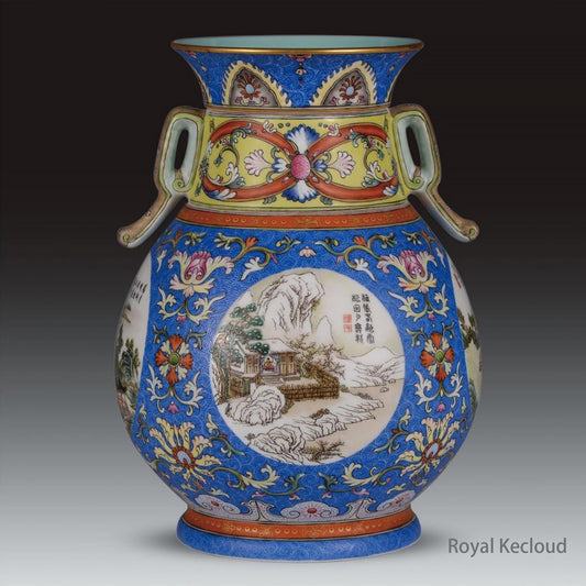 Chinese Ancient Royal Qing Dynasty Blue-ground Enamel Two-handled 'Figural' Vase