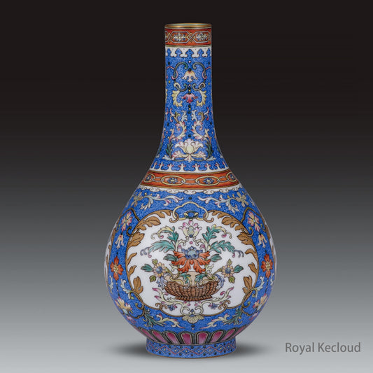 Chinese Ancient Royal Qing Dynasty Blue Ground Enamel 'Floral' Gall-bladder Vase
