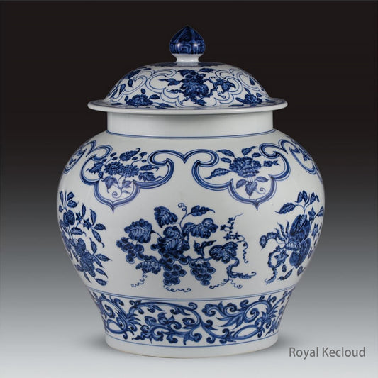 A Blue and White Fruits and Flowers Lidded Jar, Ming Dynasty