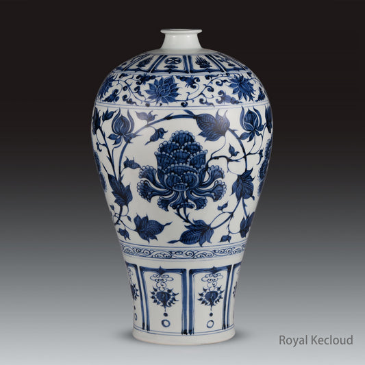 A Blue and White Prunus Vase with Design of Peony and Lotus Scrolls, Meiping