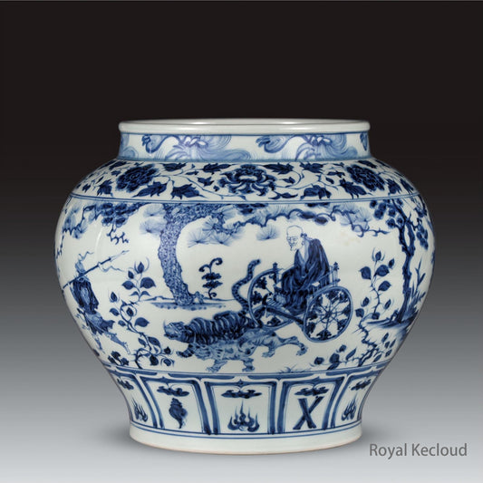 Chinese Ancient Royal Blue and White Yuan 'Guiguzi Zia Shan' Porcelain Guan, Jar