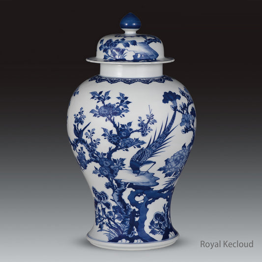 Chinese Ancient Royal Qing Dynasty Kangxi Blue and White ‘Peony and Mallard’ Baluster Jar and Cover