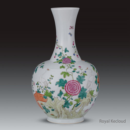 Chinese Ancient Royal Famille Rose 'Cranes and Flowers' Porcelain Vase