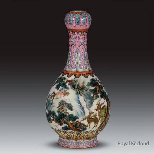 *Chinese Ancient Royal Qing Dynasty YangCai 'Deer and Crane' Garlic-head Vase