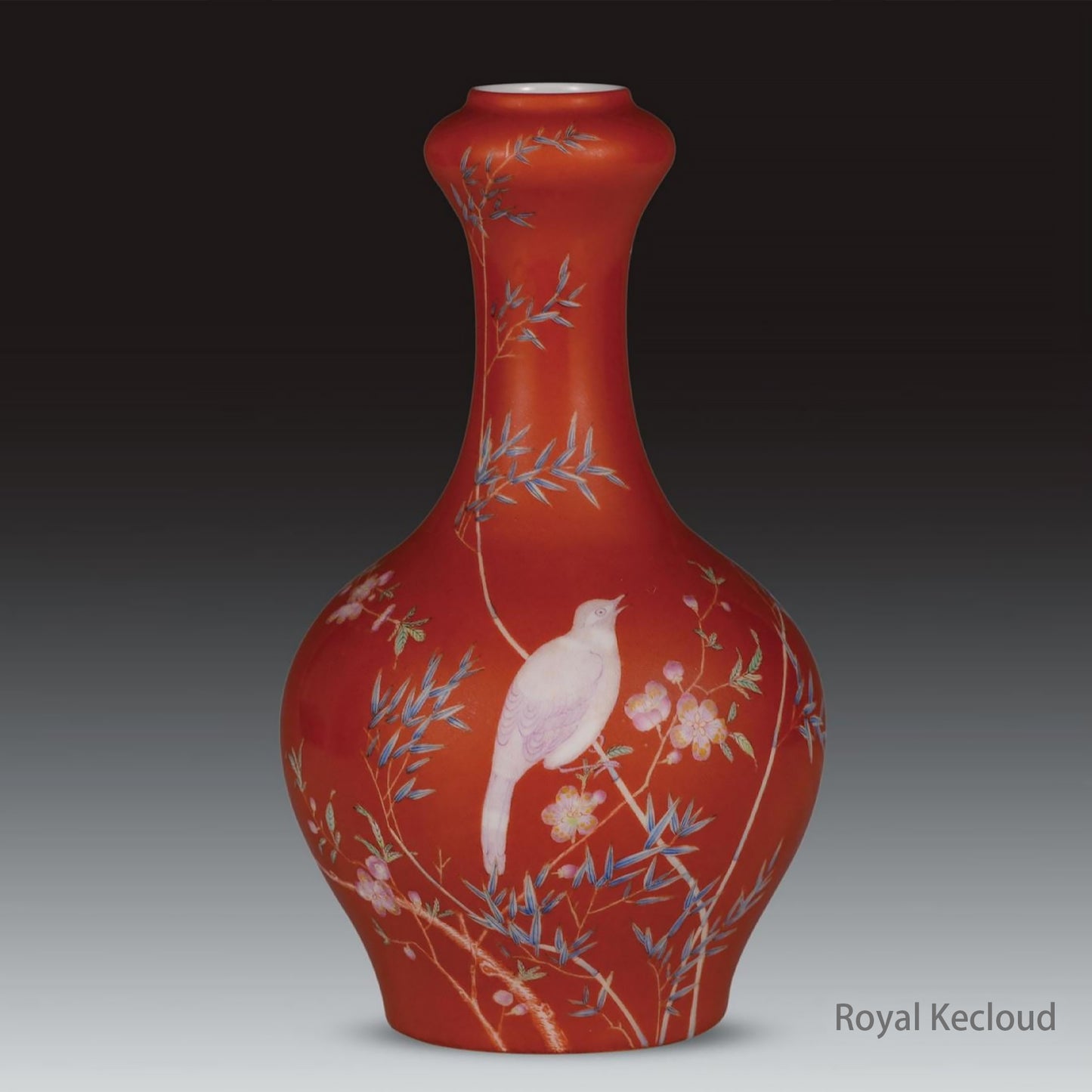 A Coral-ground Enamel 'Bird and Flowers' Garlic-mouth Porcelain Vase. Chinnese Emperor Ceramic Antique..