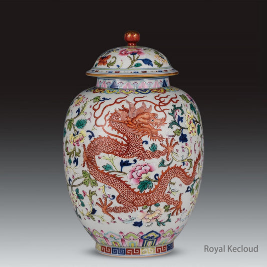 Chinese Ancient Royal Qing Dynasty Famille-Rose 'Dragon and Phoenix' Vase and Cover