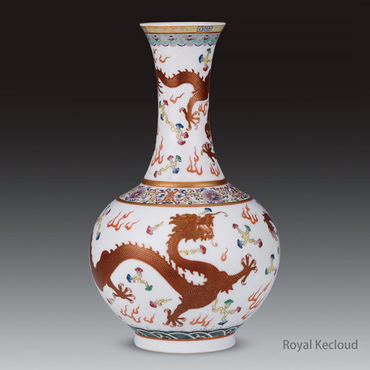Chinese Ancient Royal Famille Rose Gilt-decorated 'Dragon and Clouds' Bottle Vase. Emperor Ceramic Antique.