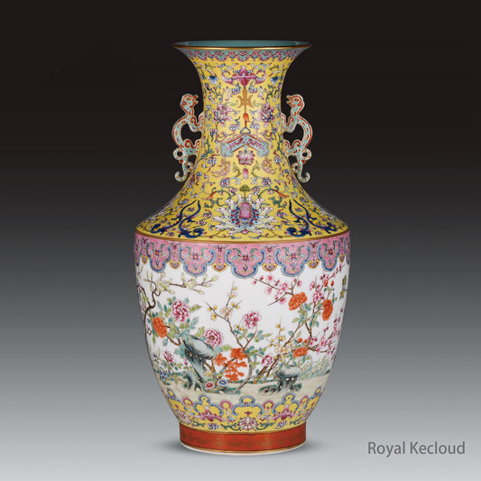 A Famille Rose 'Flowers and Rocks' Twin-handled Vase
