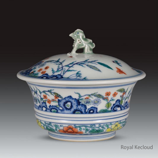 A Fine Doucai Bowl and Cover with Butterfly and Flower
