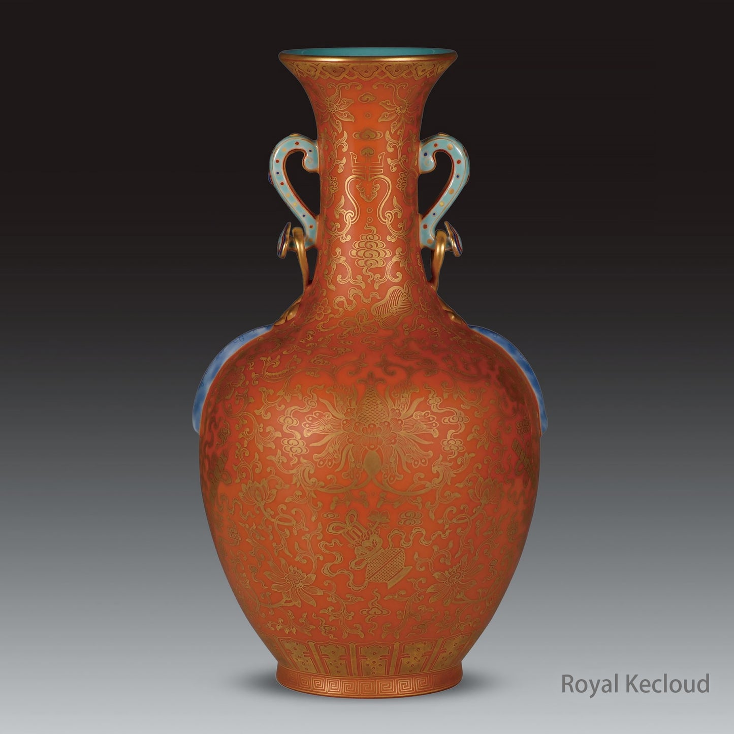 A Gilt-decorated Coral-red 'Bajixiang' Ruyi Baluster Vase with Two Ears