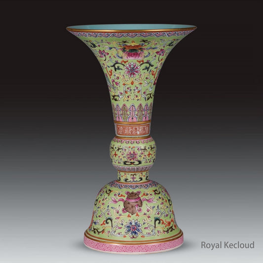 A Green-ground Famille Rose 'Bajixiang' Gu-form Vase