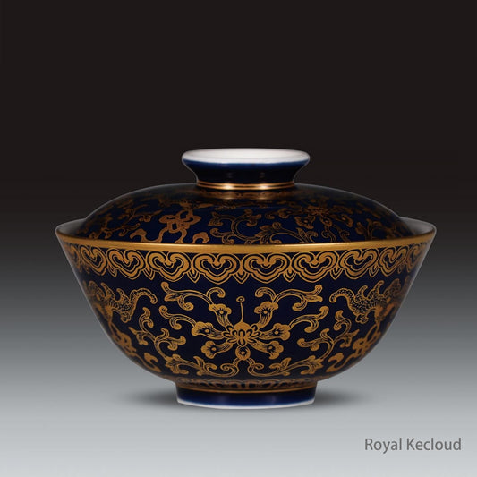 A Lidded Bowl with Gilt-decorated 'Lotus and Bats' on Cobalt Blue Glaze