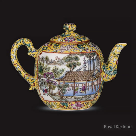 Chinese Ancient Royal Qing Dynasty Enamel 'Poetry and Landscape' Teapot and Cover