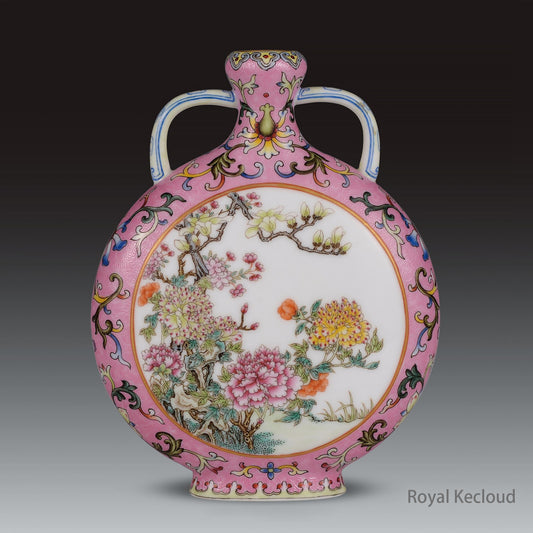 Chinese Ancient Royal Qing Dynasty Pink-ground Famille Rose Moonflask