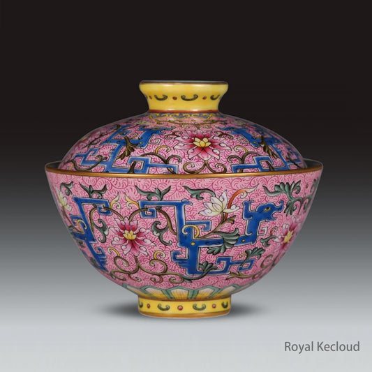 A Pink-ground Famille Rose 'Dragons among Flowers' Bowl and Cover