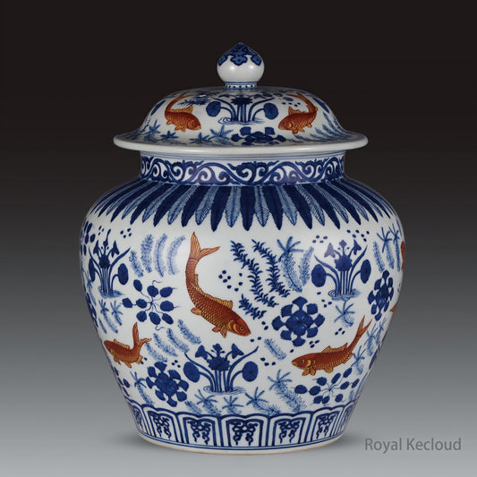 Chinese Ancient Royal Ming Blue and White Iron Red Fish Porcelain Lidded Jar