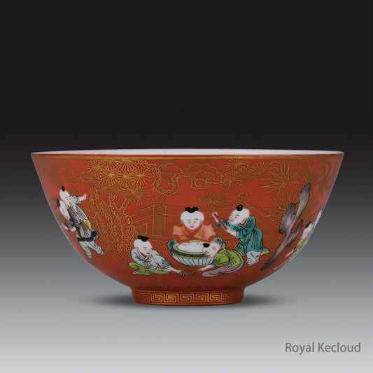 Chinese Ancient Royal Qing Dynasty Coral-ground Famille Verte 'Boys' Bowl