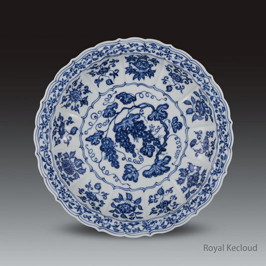 A Rare Ming Blue and White Barbed 'Grape' Charger, Plate