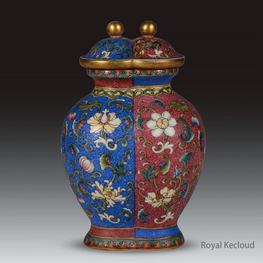 A Rare Ruby-Ground and Blue-Ground Enamel 'Lotus' Vase