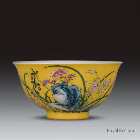 Chinese Ancient Royal Qing Dynasty Yellow-ground Enamel 'Orchids and Rocks' Bowl