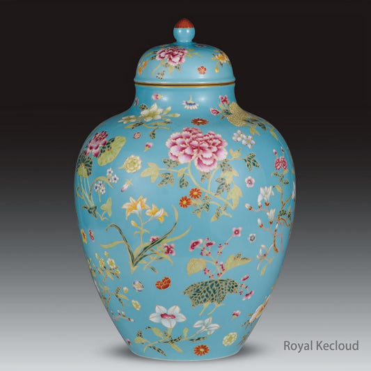 Chinese Ancient Royal Qing Dynasty Turquoise-Ground Famille Rose 'Floral' Jar and Cover