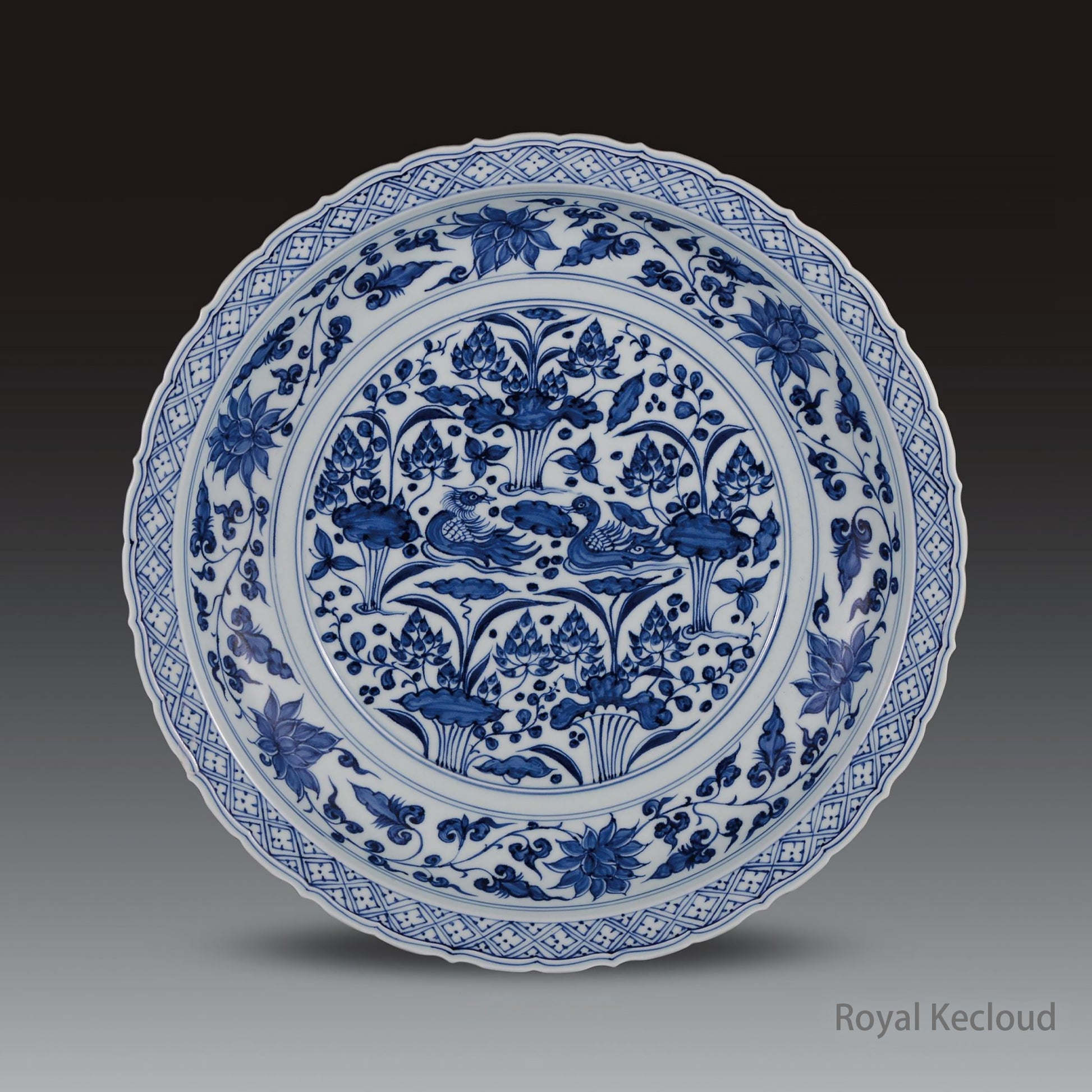 A Yuan Blue and White ‘Mandarin Ducks and Lotus’ Porcelain Dish