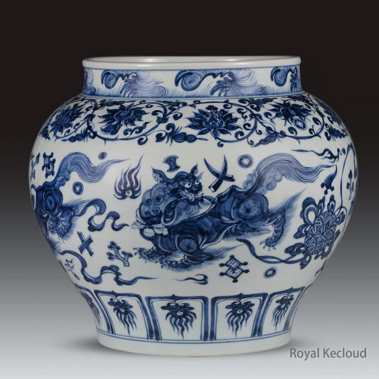 An Exceptionnally Rare Shi Zi Xiu Qiu and Flower' Blue and White Jar, Yuan Dynasty