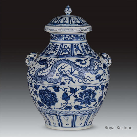 Blue and White Yunlong Peony Animal Earcap Jar with Tangled Branches