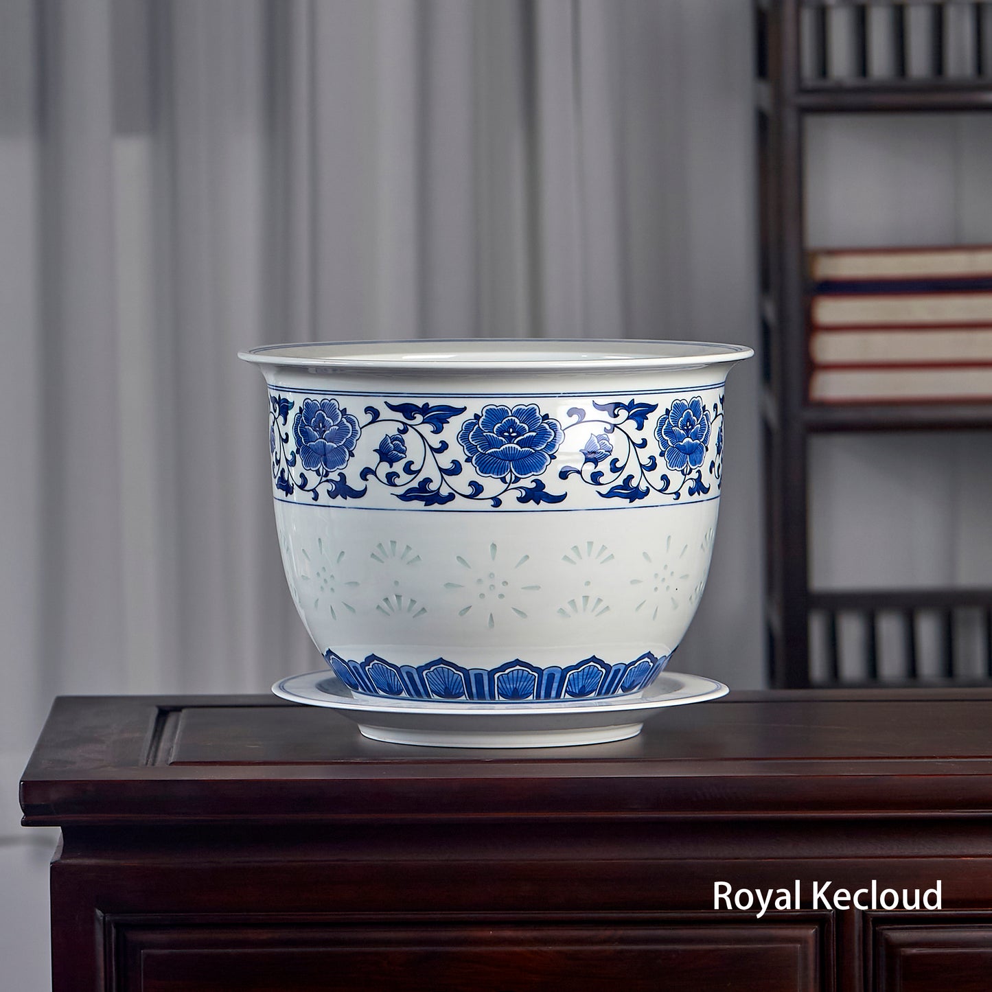 Chinese Blue and White 'Florals' Porcelain Jardiniere and Stand