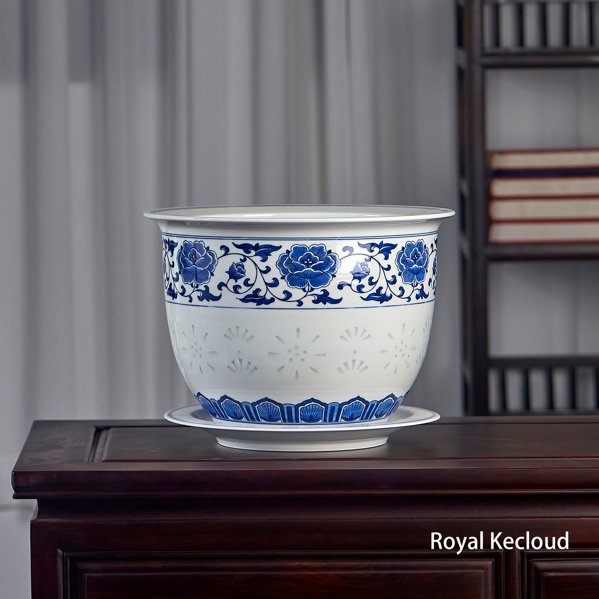 Chinese Blue and White 'Florals' Porcelain Jardiniere and Stand