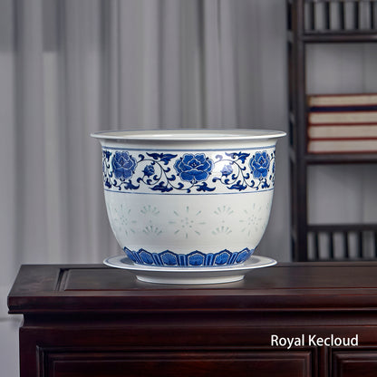Chinese Blue and White 'Florals' Porcelain Jardiniere and Stand