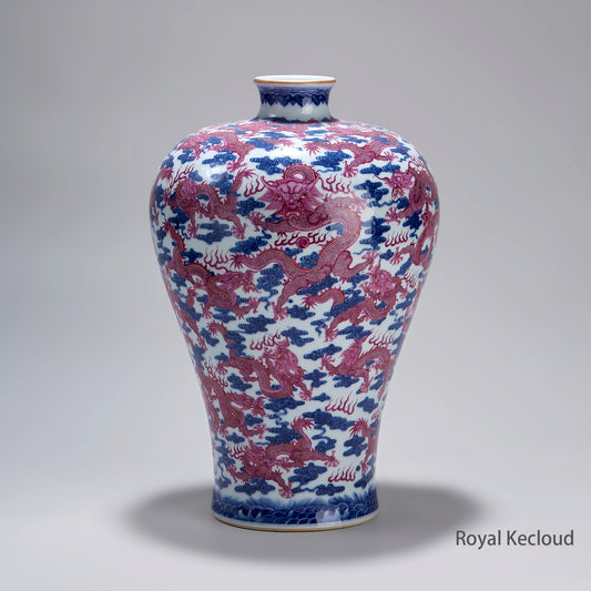 Chinese Qing Dynasty Blue and White Porcelain Vase with Pink Dragons