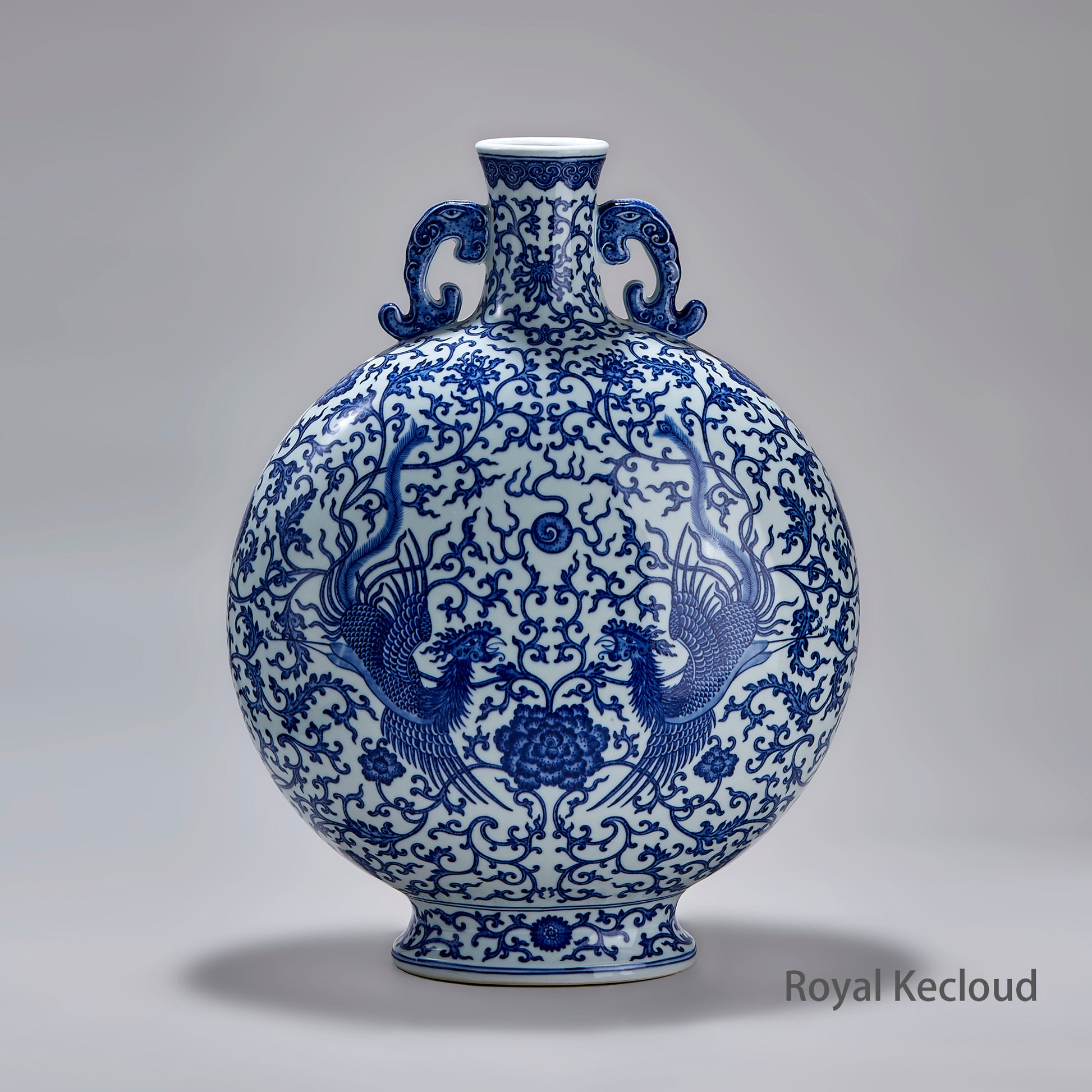 Chinese Qing Dynasty Blue and White 'Phoenix' Moonflask