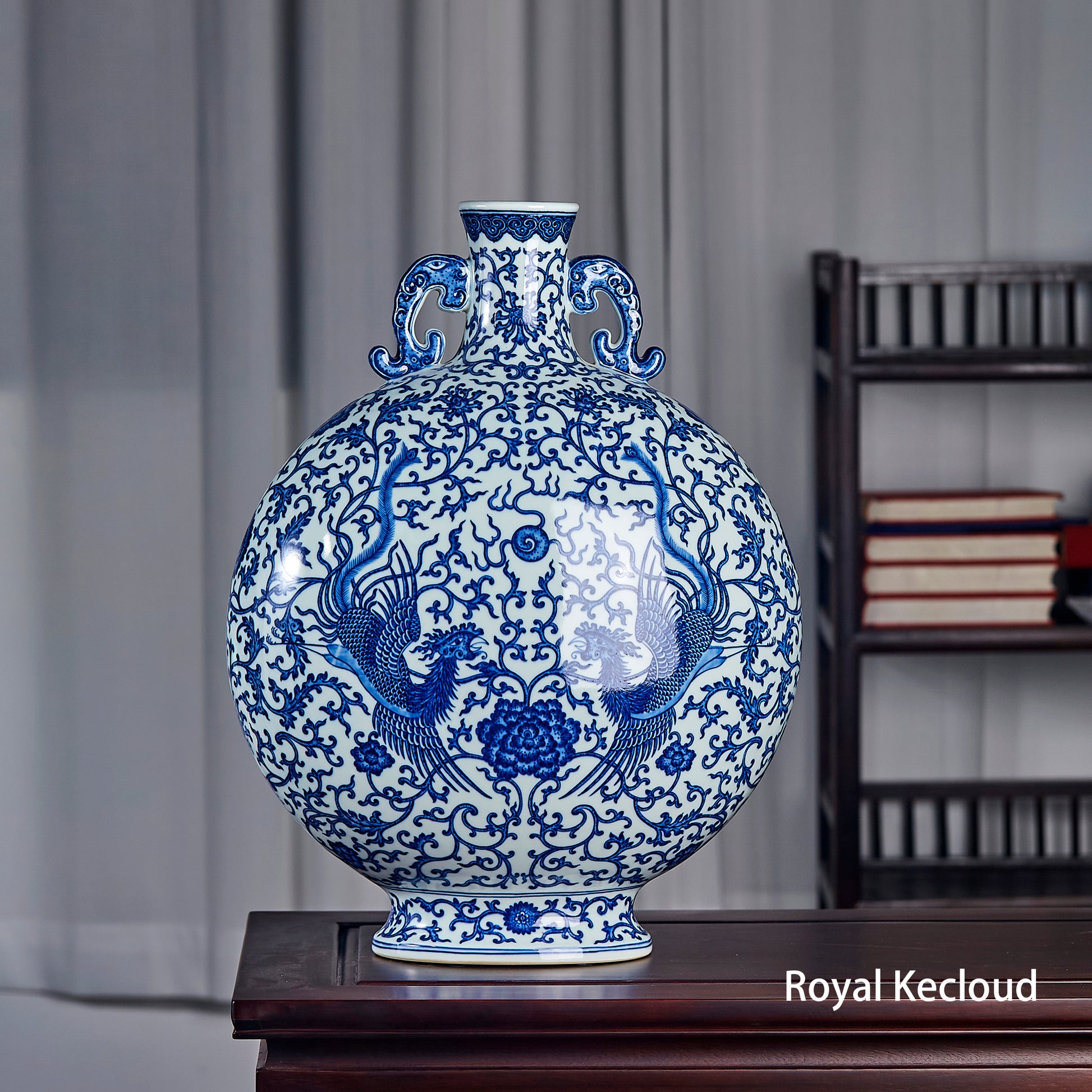 Chinese Qing Dynasty Blue and White 'Phoenix' Moonflask
