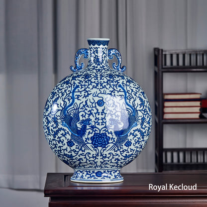 Chinese Qing Dynasty Blue and White 'Phoenix' Moonflask