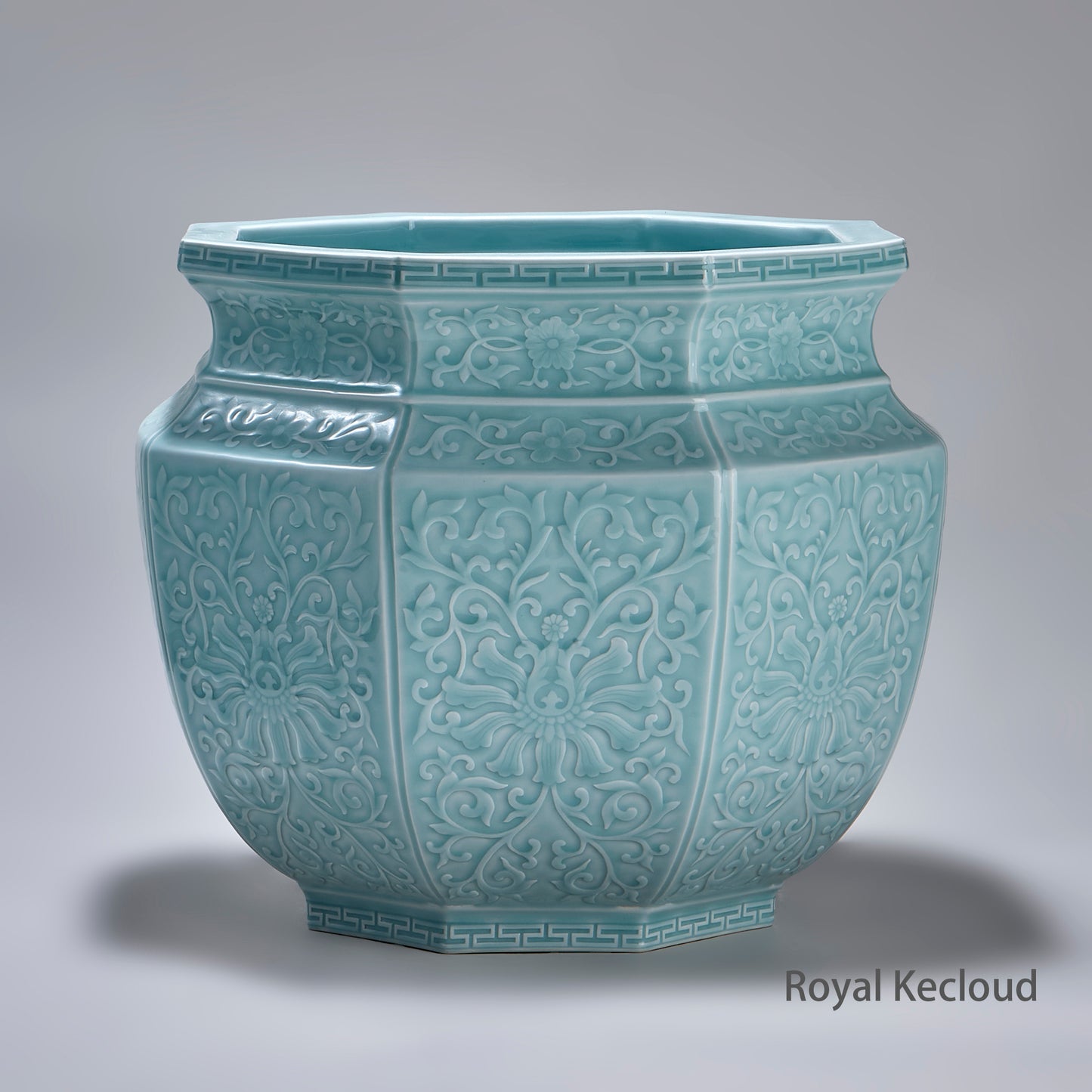 Chinese Qing Dynasty Carved Celadon Glazed Vase, Hexagonal Jardiniere