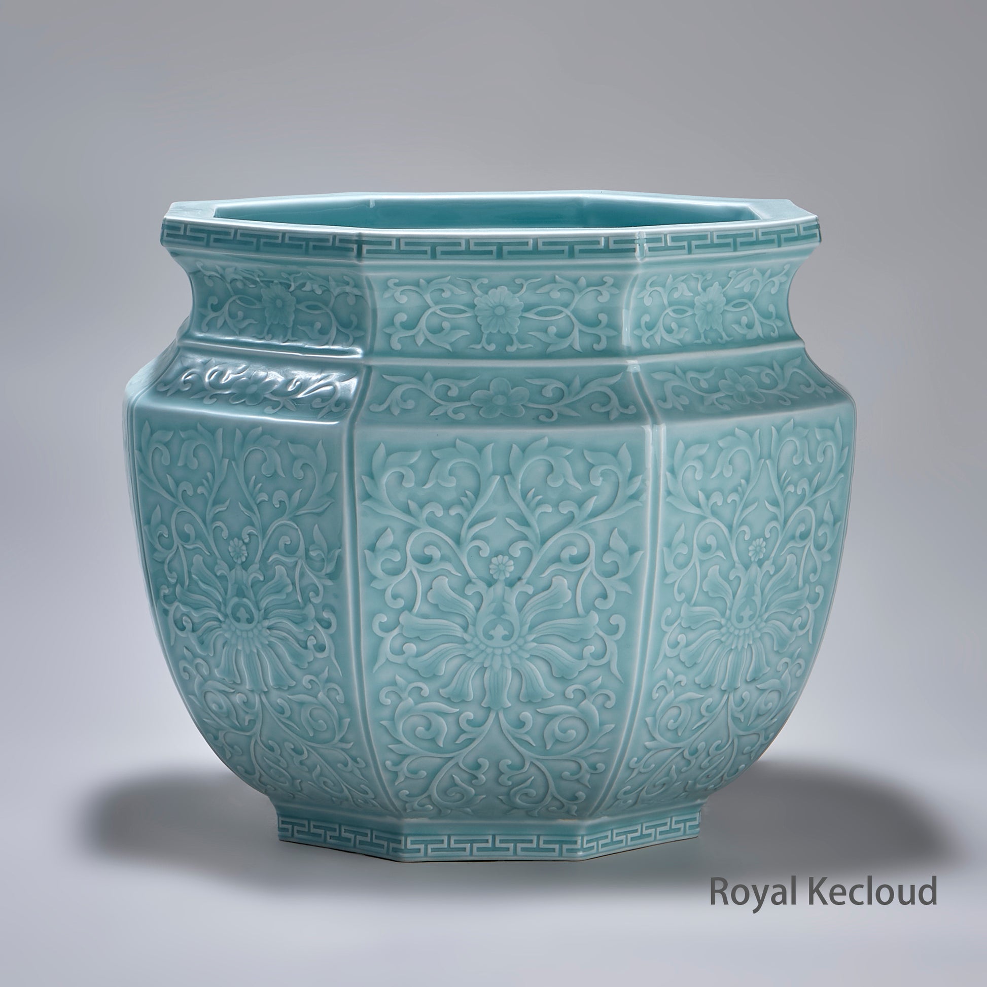 Chinese Qing Dynasty Carved Celadon Glazed Vase, Hexagonal Jardiniere