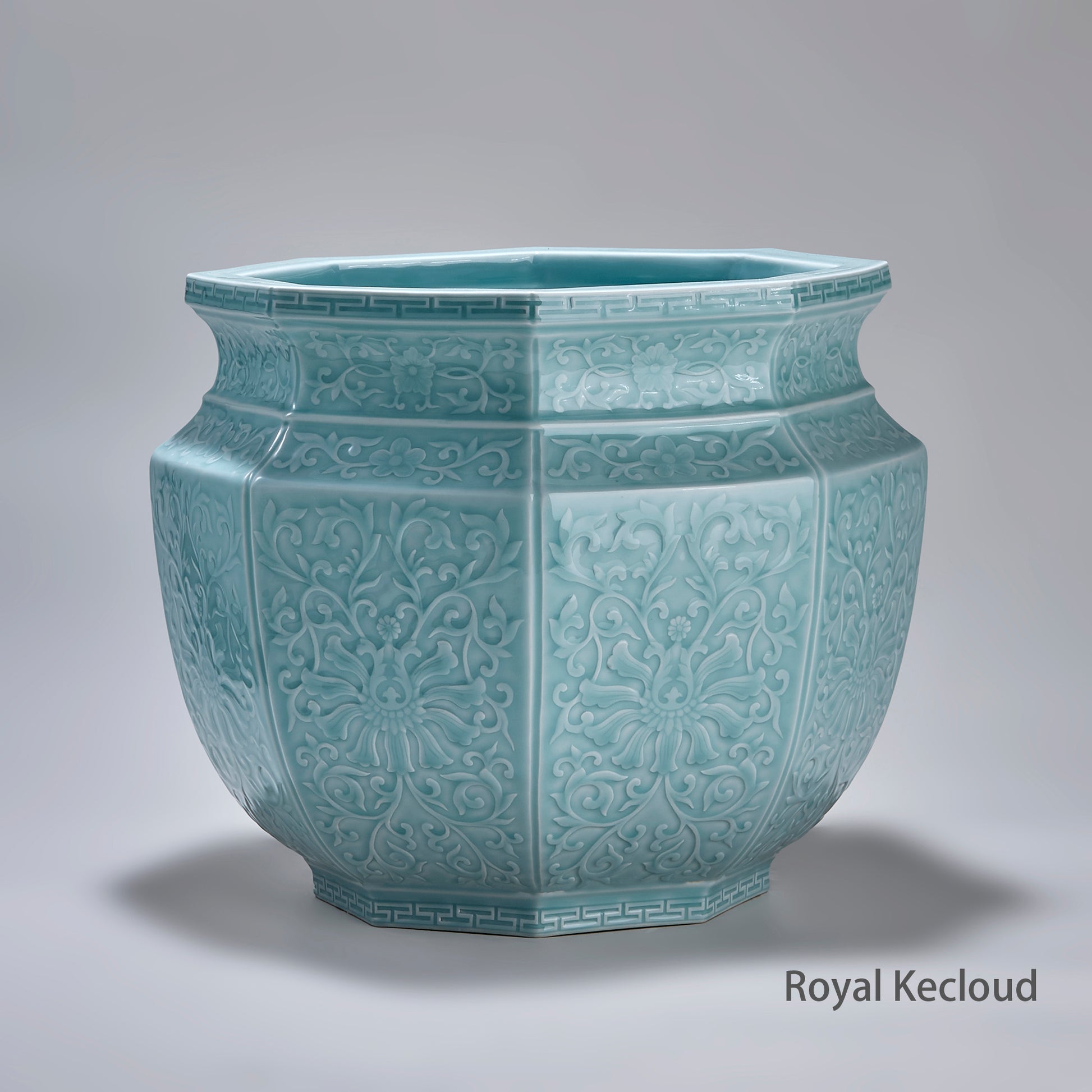 Chinese Qing Dynasty Carved Celadon Glazed Vase, Hexagonal Jardiniere
