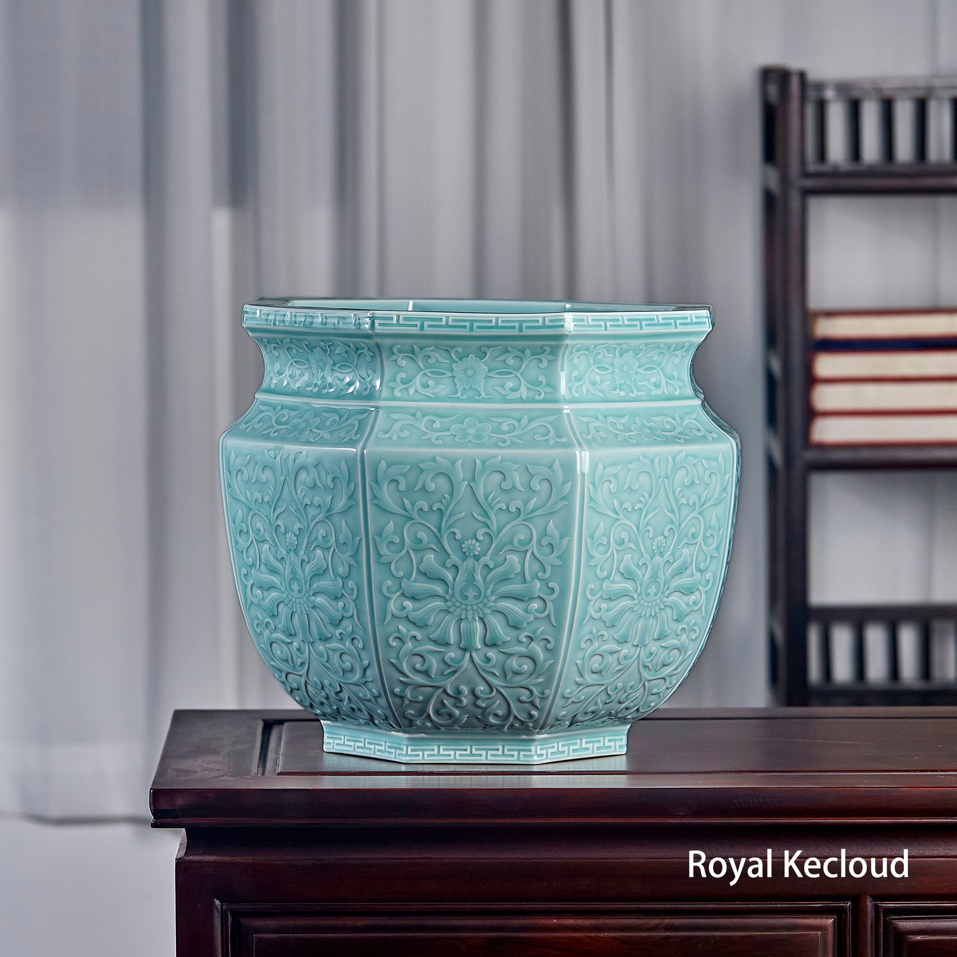 Chinese Qing Dynasty Carved Celadon Glazed Vase, Hexagonal Jardiniere