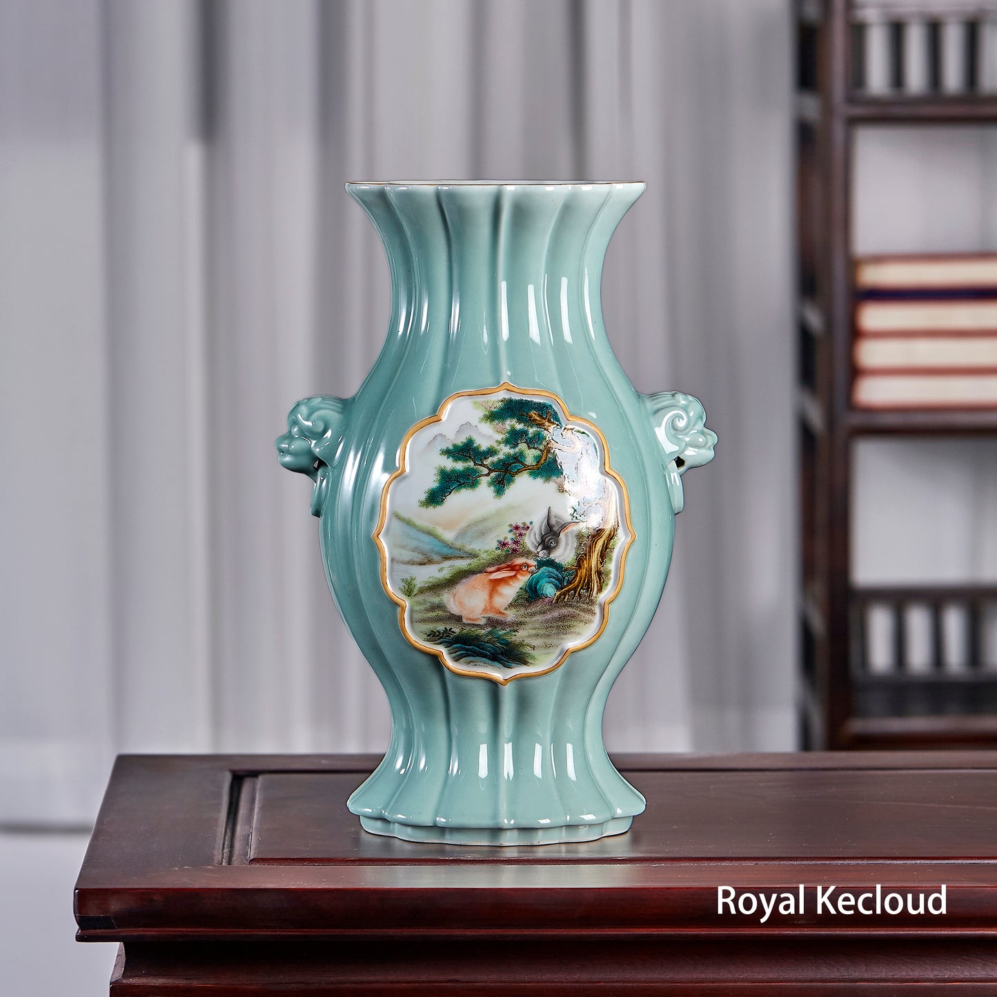 Chinese Qing Dynasty Celadon-ground Famille Rose Pear-shaped Vase