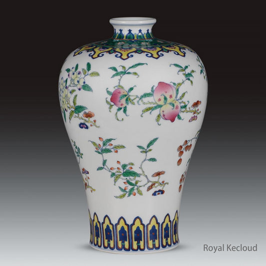 Chinese Ancient Royal Qing Dynasty Doucai 'Sanduo' Porcelain Vase, Meiping