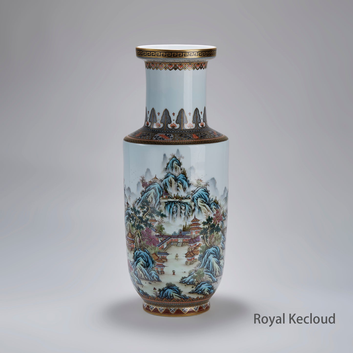 Chinese Qing Dynasty Famille Rose 'Mountain Landscape' Rouleau Vase
