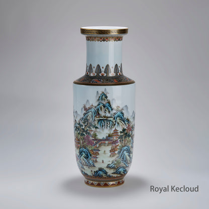 Chinese Qing Dynasty Famille Rose 'Mountain Landscape' Rouleau Vase