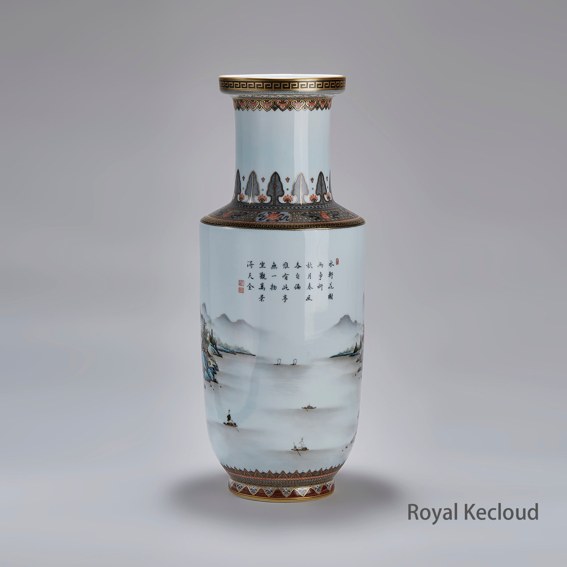 Chinese Qing Dynasty Famille Rose 'Mountain Landscape' Rouleau Vase