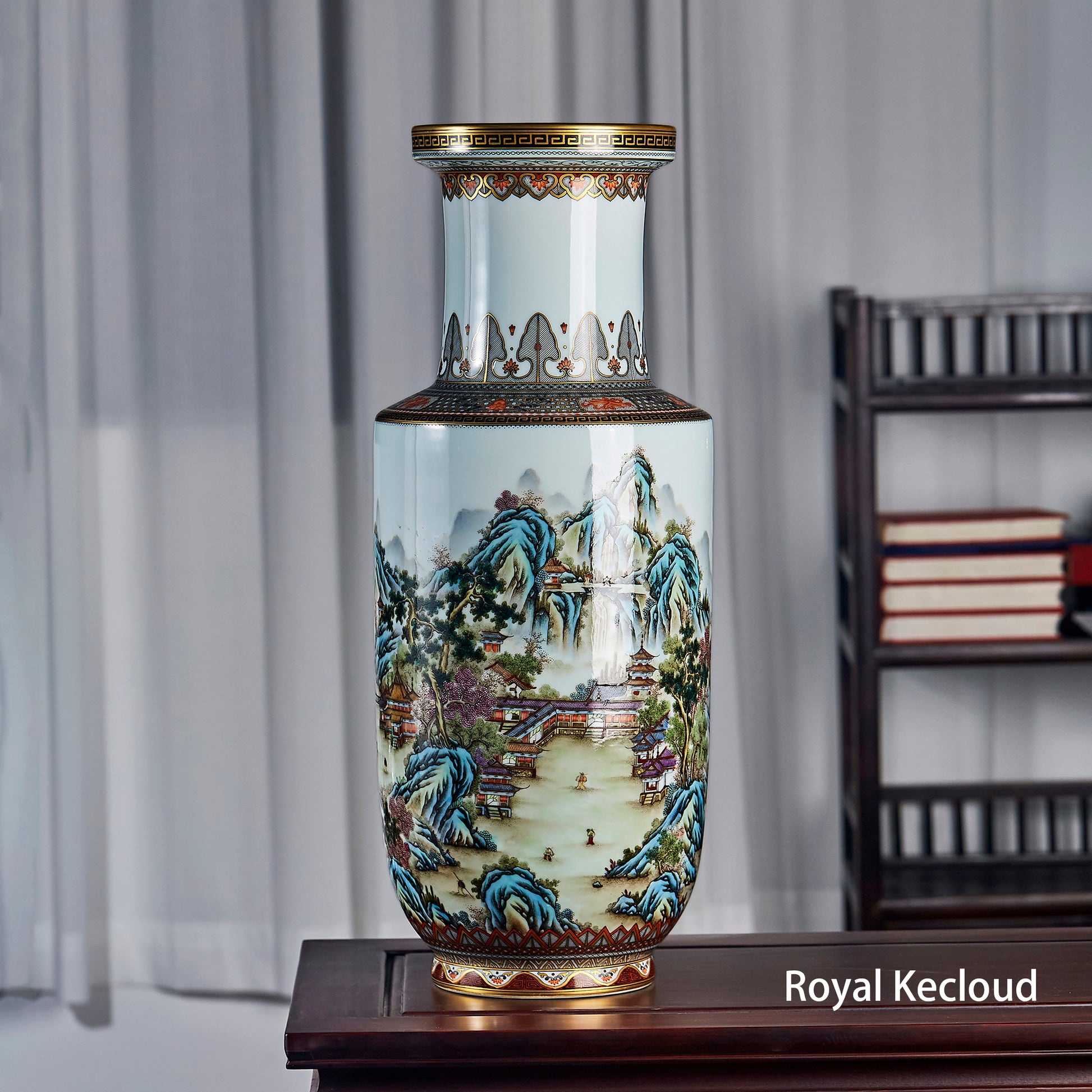 Chinese Qing Dynasty Famille Rose 'Mountain Landscape' Rouleau Vase