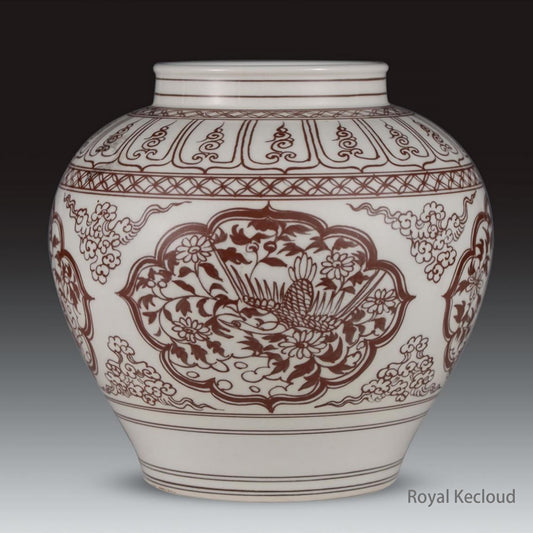 Chinese Underglaze-red 'Chi-Dragon and Phoenix Medallion' Porcelain Jar, Yuan Dynasty