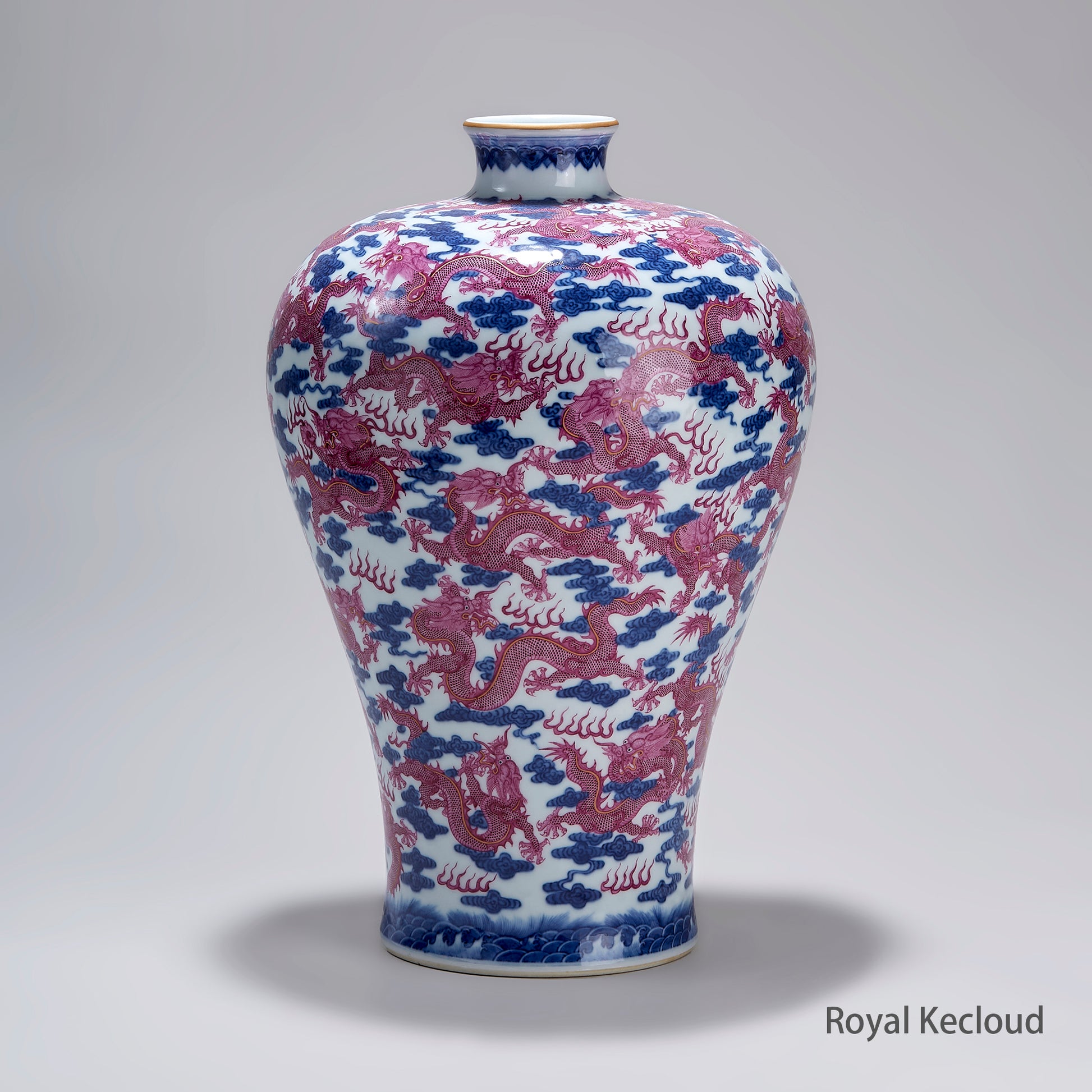 Chinese Qing Dynasty Blue and White Porcelain Vase with Pink Dragons