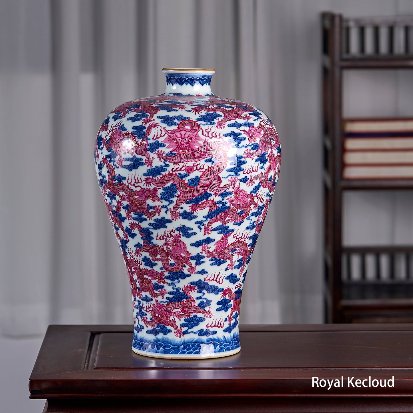 Chinese Qing Dynasty Blue and White Porcelain Vase with Pink Dragons