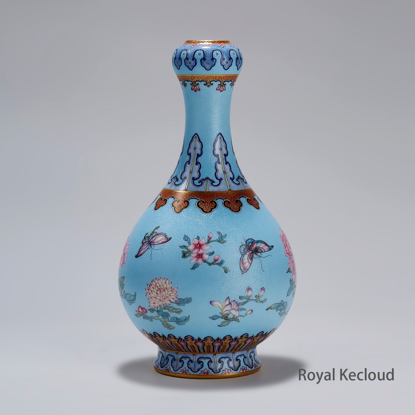Chinese Qing Dynasty Imperial Celadon-ground Famille Rose 'Flowers and Butterflies' Garlic Head Vase