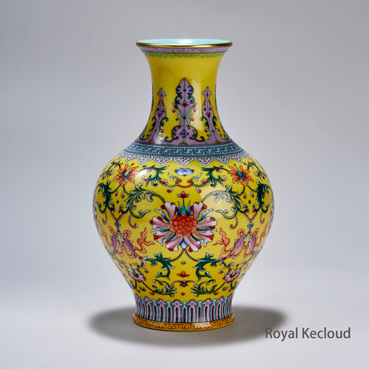 Empire Qianlong Yellow-ground Famille Rose 'Flowers' Porcelain Vase